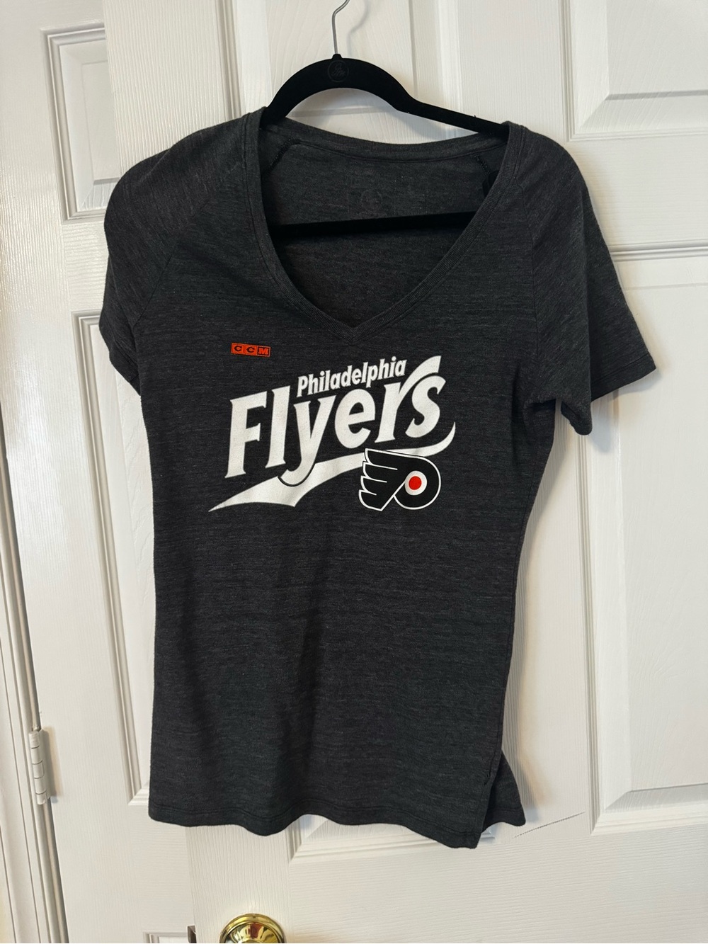 CCM Philadelphia Flyers Women's V-Neck Tee in Charcoal with White Logo